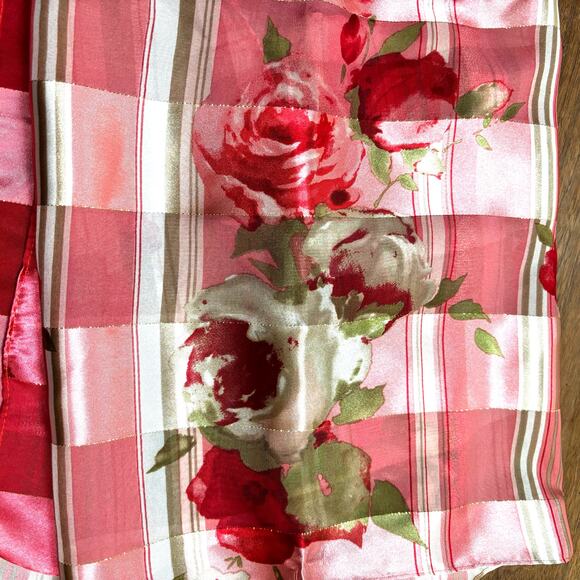 Pink plaid silky scarf gold metallic thread burnout stripes flowers sage & cream - Picture 2 of 8